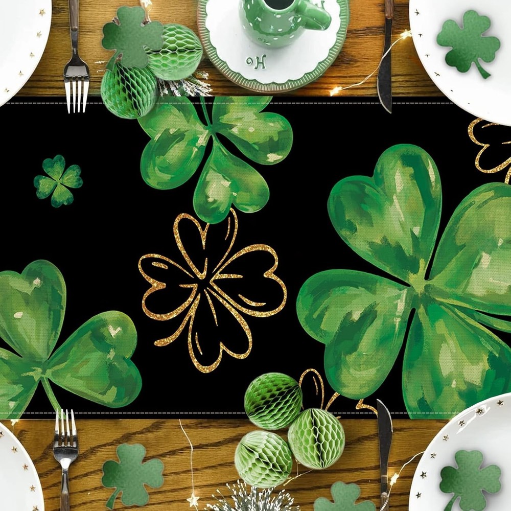 St. Patrick'S Day Black Table Runner, Gold Shamrock Clover Kitchen Dining Table