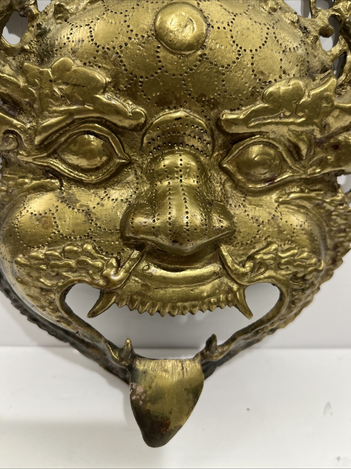 Antique or Vintage Gilt Bronze Tibetan Buddha Mahakala Mask Wall Hanging 9” T