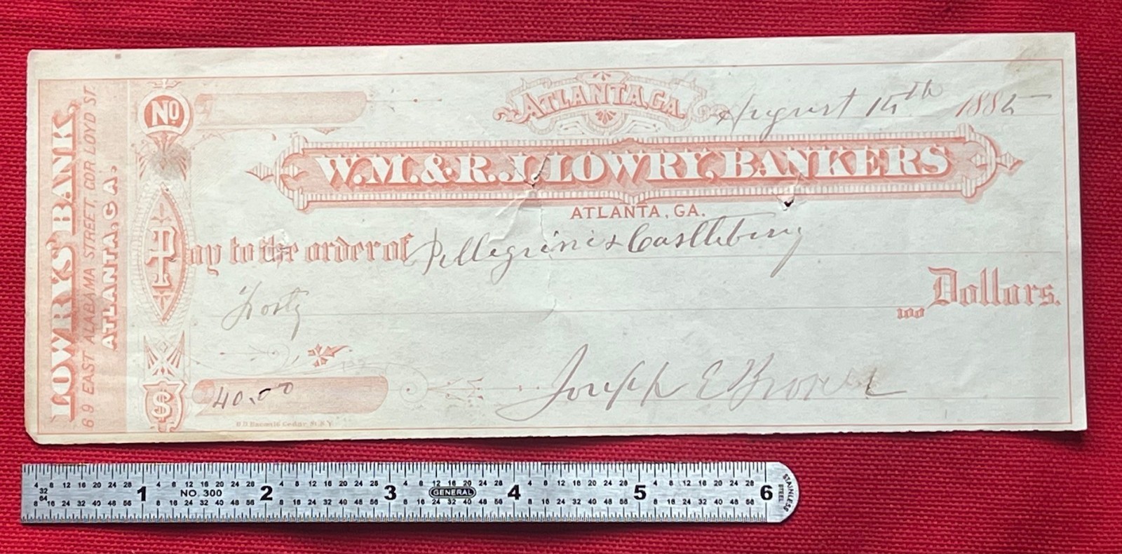 Civil War, Georgia Governor Joseph E. Brown, Personal Check Signed, Rare