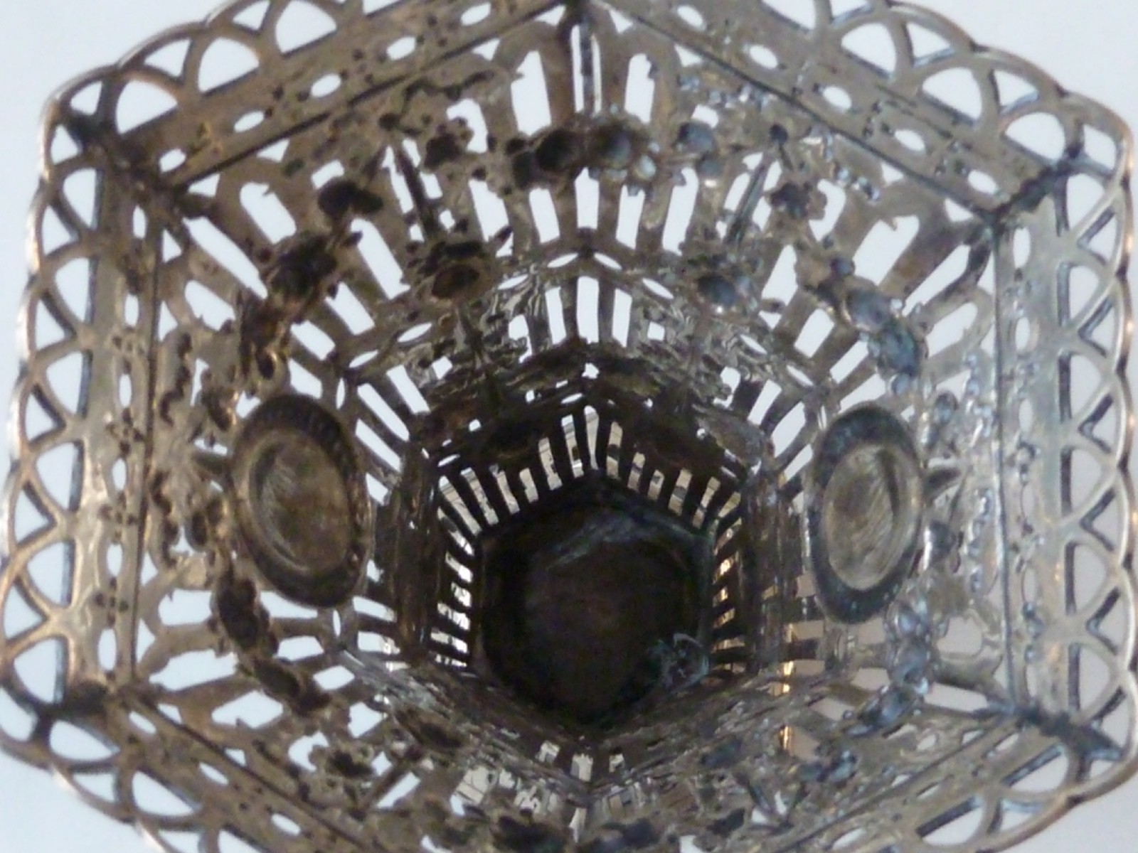 GERMAN .800 SILVER ELEGANT VASE, REPOUSSE ROSES &SWAGS ON PIERCED BODY, NO LINER