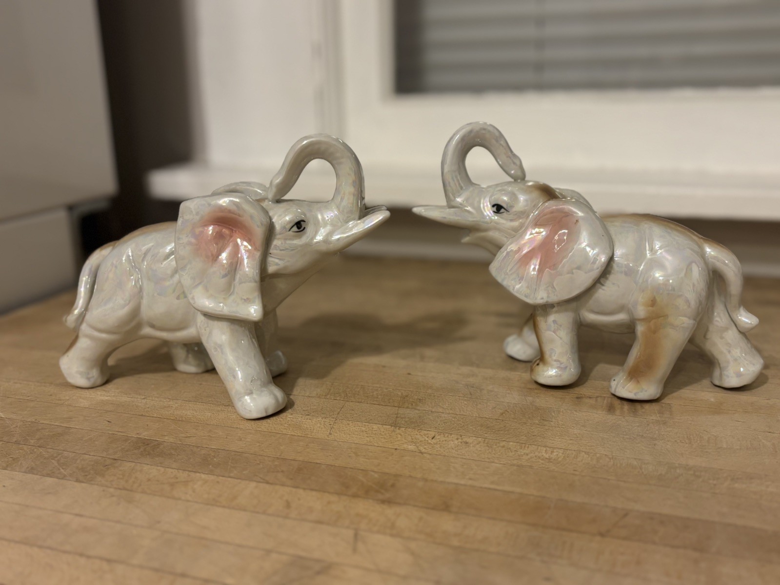 Vtg Lustreware Elephant Figurine 1950's Trunk Up LusterWare Gray & Pink MCM set