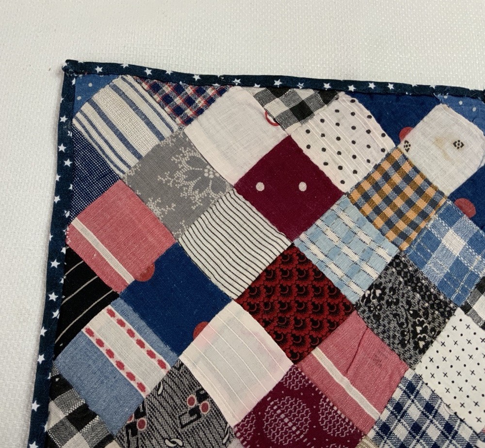 Vintage Patchwork Quilt Table Topper, Four Patch, Early Calico Prints, Blue, Red