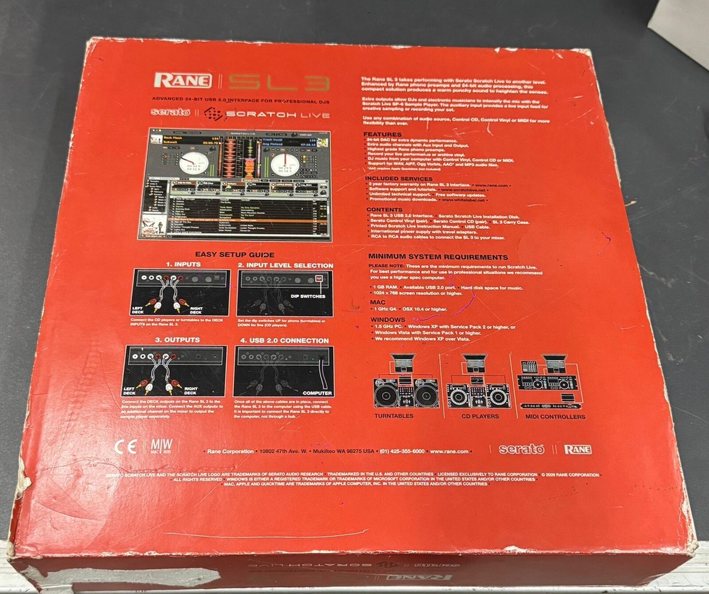 Rane Serato SL3 Scratch Live DJ audio interface, timecode vinyl, CD, travel case