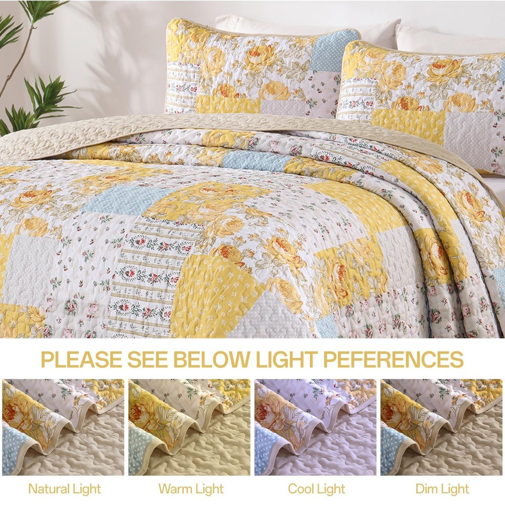 Anibedding Yellow Patchwork Quilt Set Queen Size Boho Floral Queen,