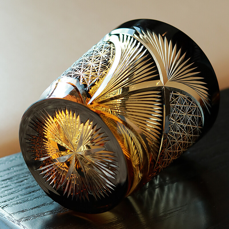 Hand blown hand cut whiskey glasses color overlay glass gifts amber black 9 Ozs