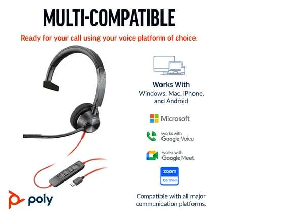 Poly Blackwire 3310 Monaural Microsoft Teams Certified USB-C Headset +USB-C/A