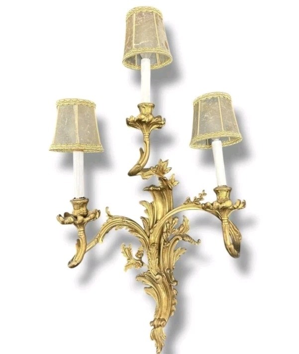 Antique Rococo Dore Gilt Three Arm Wall Sconce