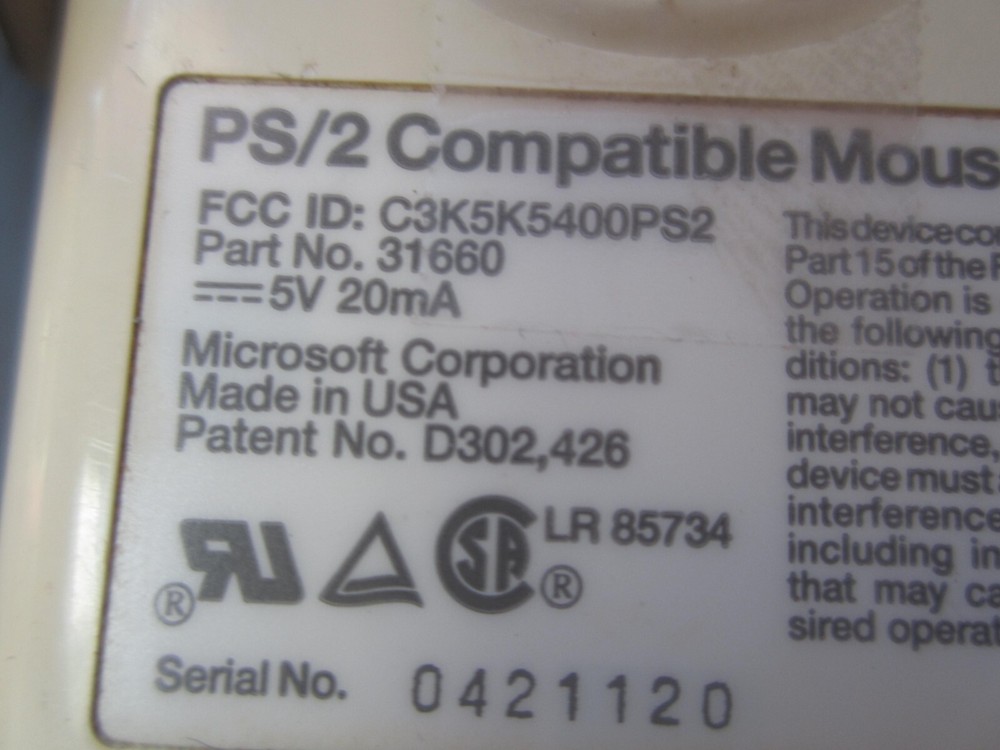 VNTG MICROSOFT 31660 PS/2 COMPATIBLE 2-BUTTON Wired Mouse - Tested & WORKS