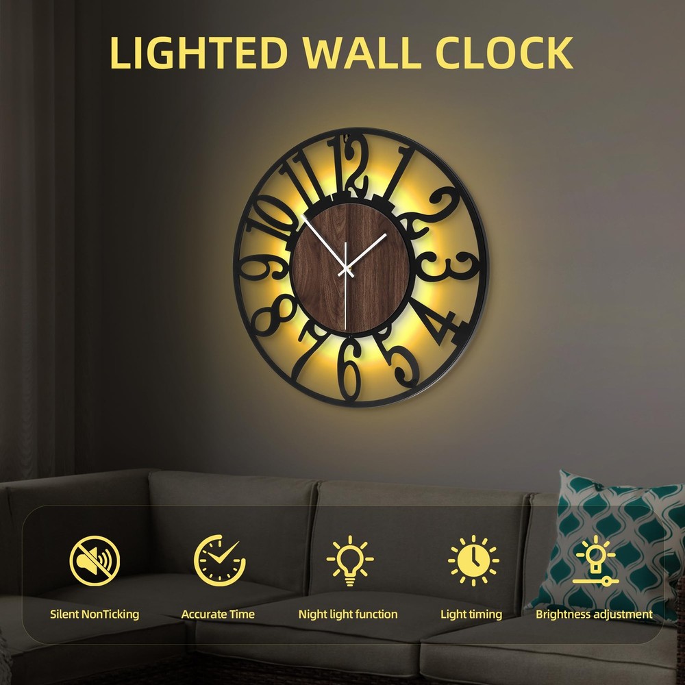 Large Wall Clock 24'' Lighted Rustic Wood Clock with Remote Timer, Silent Bat...