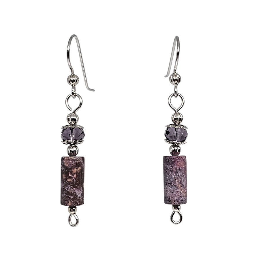 Purple Lepidolite Gemstone Beaded Handmade Silver Dangle Boho Earrings