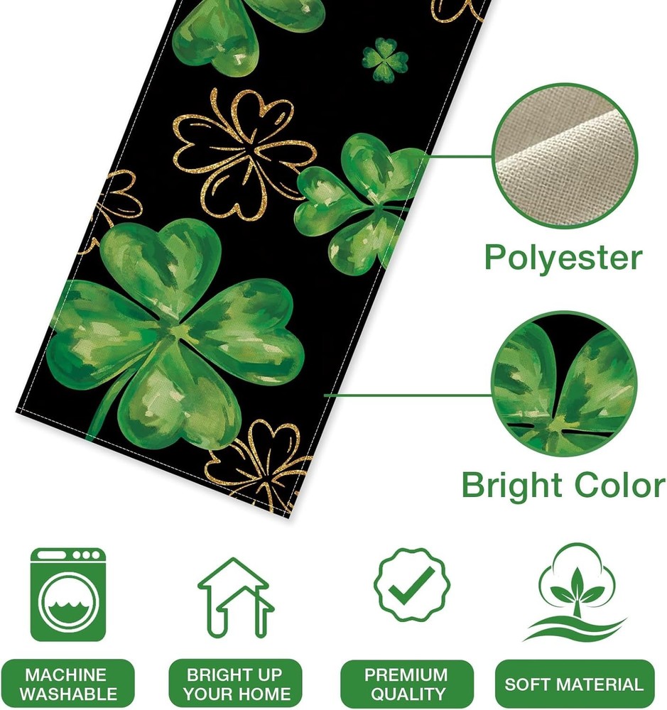 St. Patrick'S Day Black Table Runner, Gold Shamrock Clover Kitchen Dining Table