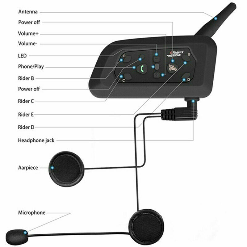 1X 1200M INTERCOM BLUETOOTH MOTORCYCLE HELMET INTERPHONE HEADSET FOR 6 RIDERS V6