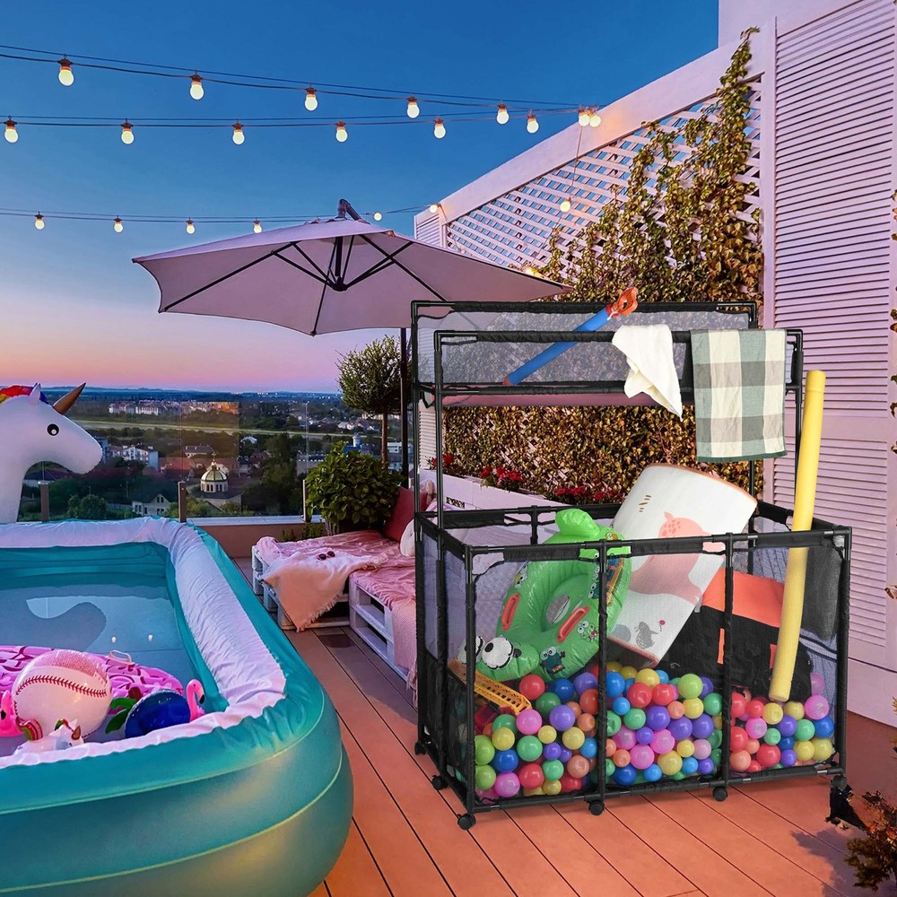 Yescom Rolling Mesh Pool Storage Bin Two Tier with Blue Replacement Net Combo