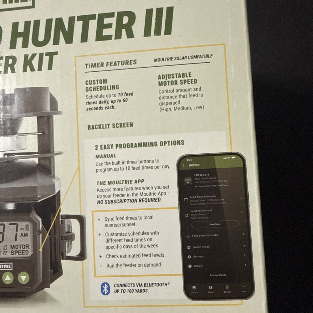 Moultrie Pro Hunter III Deer Feeder Kit Quicklock Adapter Bluetooth Connect