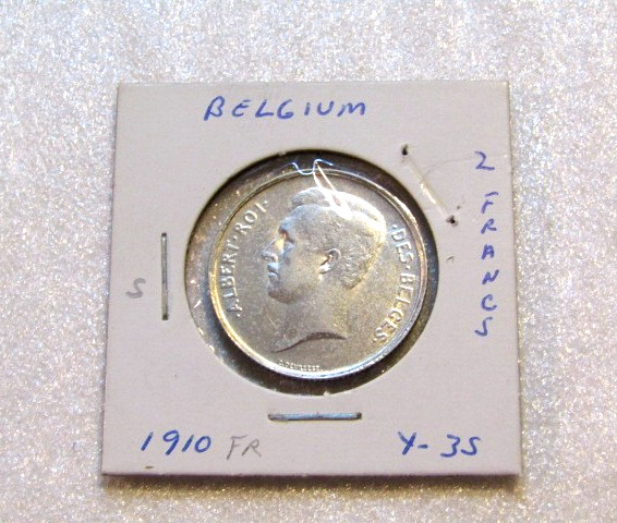 1910 Belgium 2 Francs Silver Coin