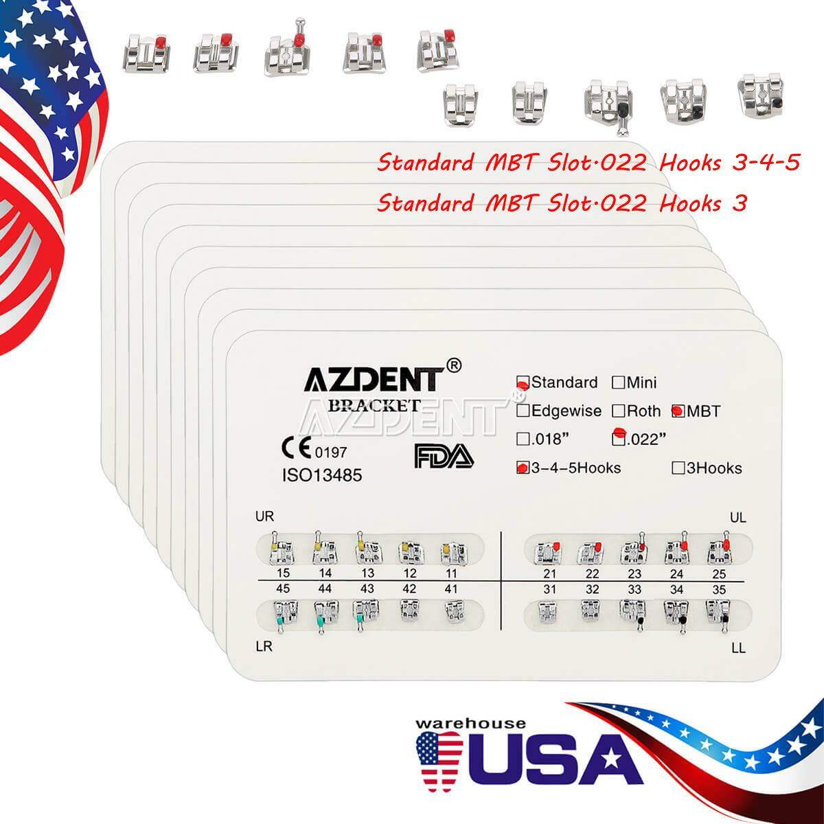 AZDENT Dental Orthodontic Brackets Metal Braces Standard MBT 022 Hooks 3-4-5/3
