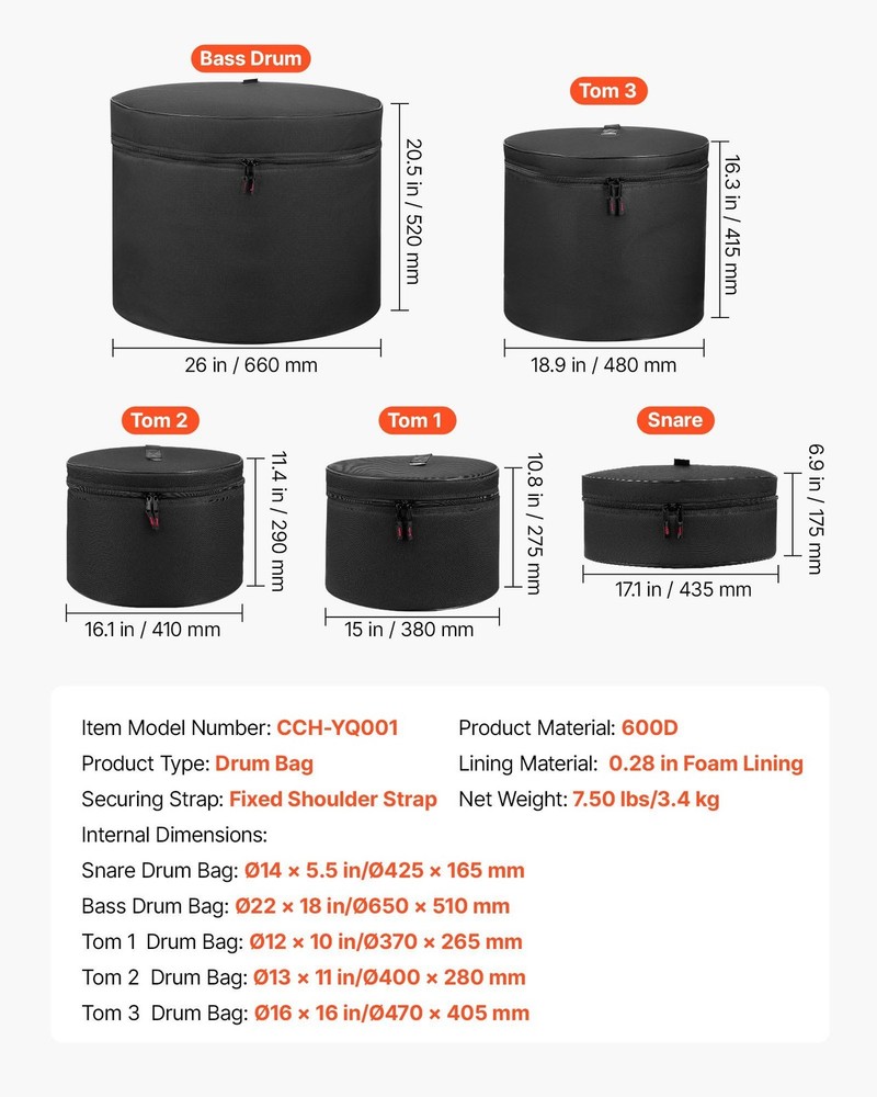 Foldable Drum Bag Set: 5-Piece, 600D Polyester, 7mm Foam, for Studio & Tour Use