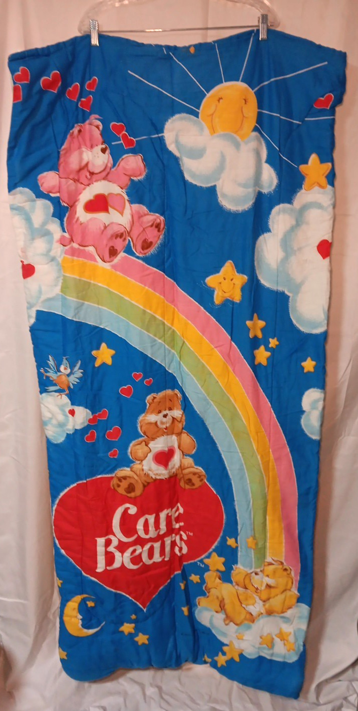 Vintage Care Bears Rainbow Sleeping Bag Kids Blue 1980 Sleepover Blanket Slumber