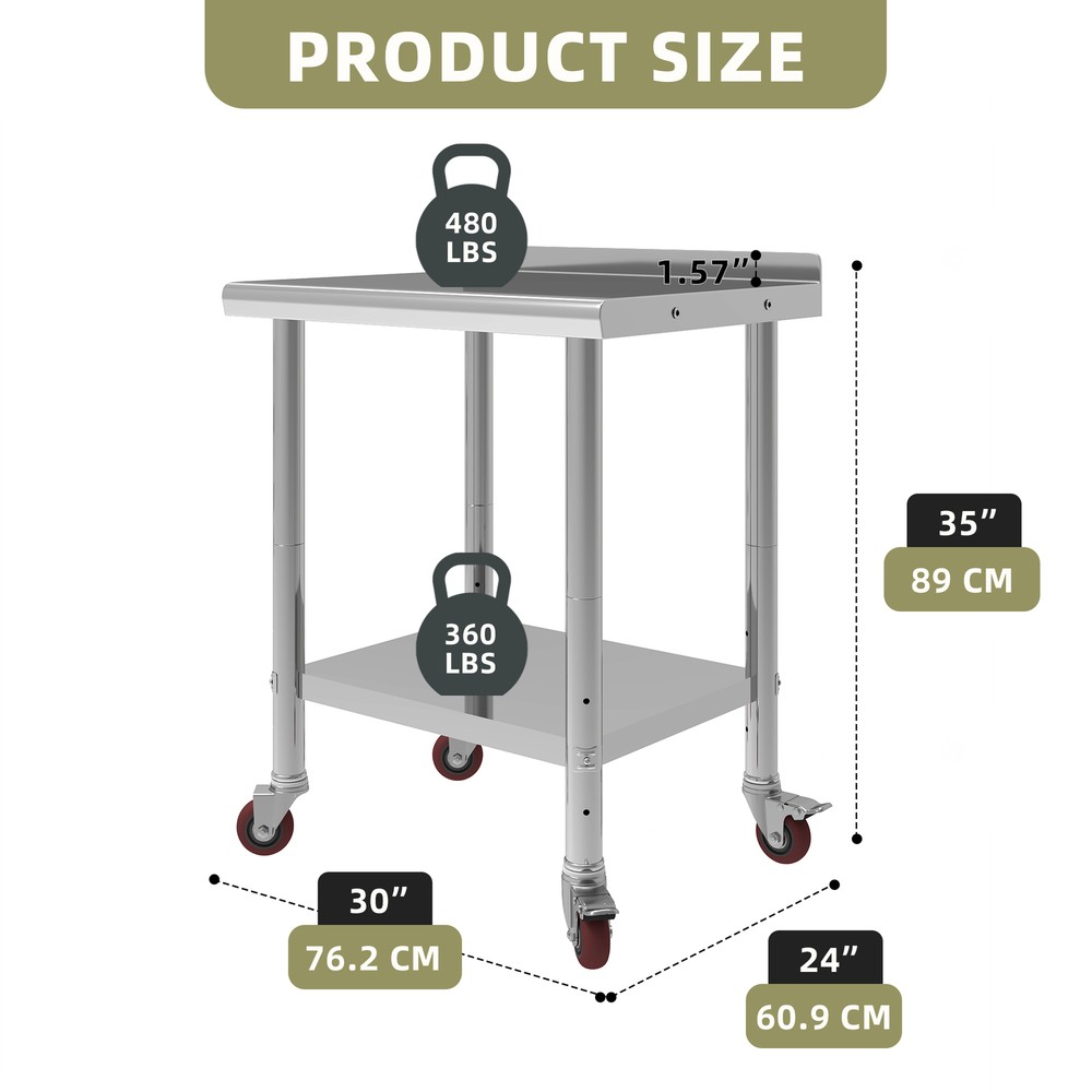 30" Work Table Stainless Steel Undershelf Kitchen Prep Backsplash w/ Hook Wheels