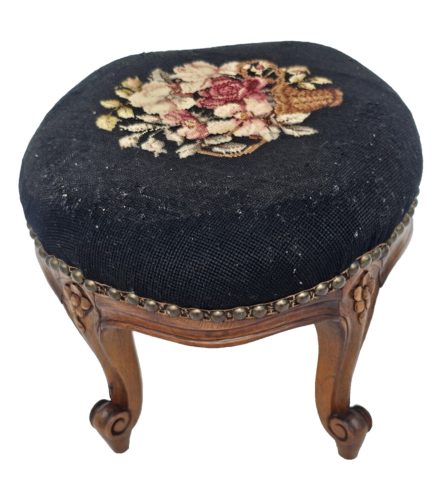 Antique 1930s French Louis XV Footstool – Carved Wood Cabriole Legs Needlepoint