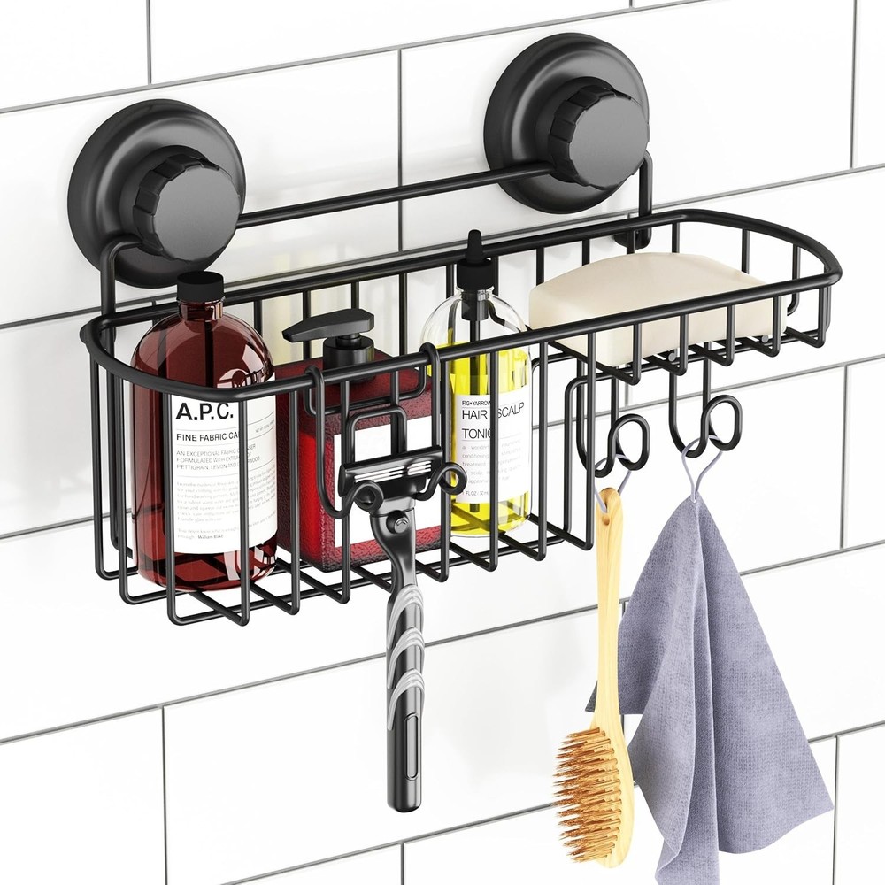 Space-Saving Black Shower Caddy with Suction Mount - Strong & Rustproof Design