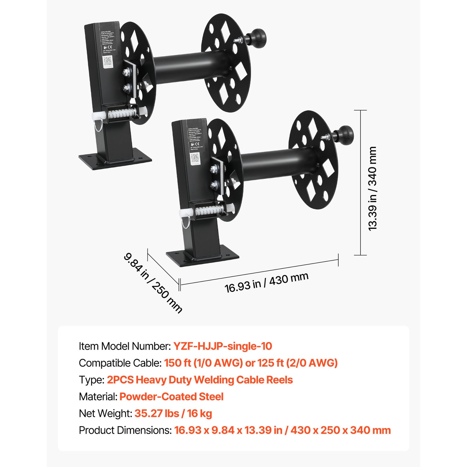 Uimoso 2PCS Heavy-Duty Welding Cable Reels for 150FT 1/0 & 125FT 2/0 Cables