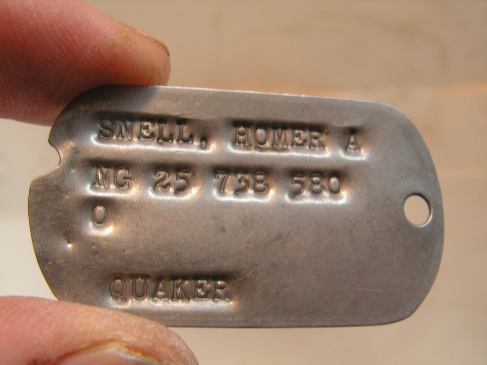 Vintage Dog tag WW2 military Snell Homer A. NG 25 738 580 QUAKER