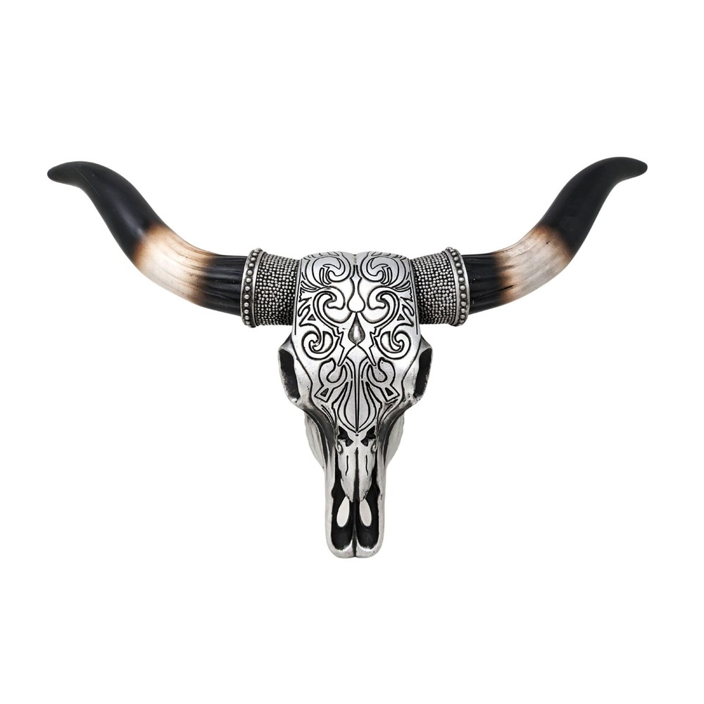 Tooled Silver Resin Bull Skull Wall Decor with Scrolls Design