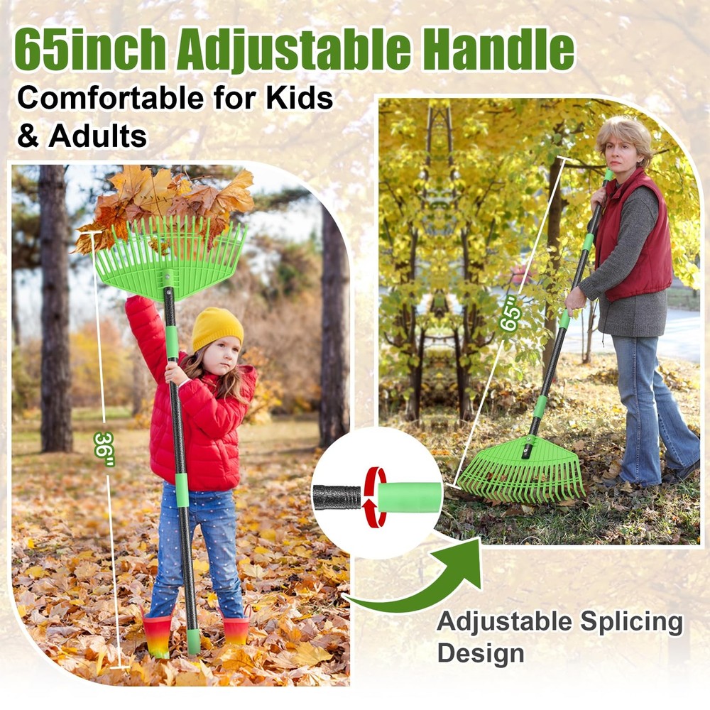 Plastic Leaf Rake with Adjustable 65'' Handle - Lightweight Outdoor green