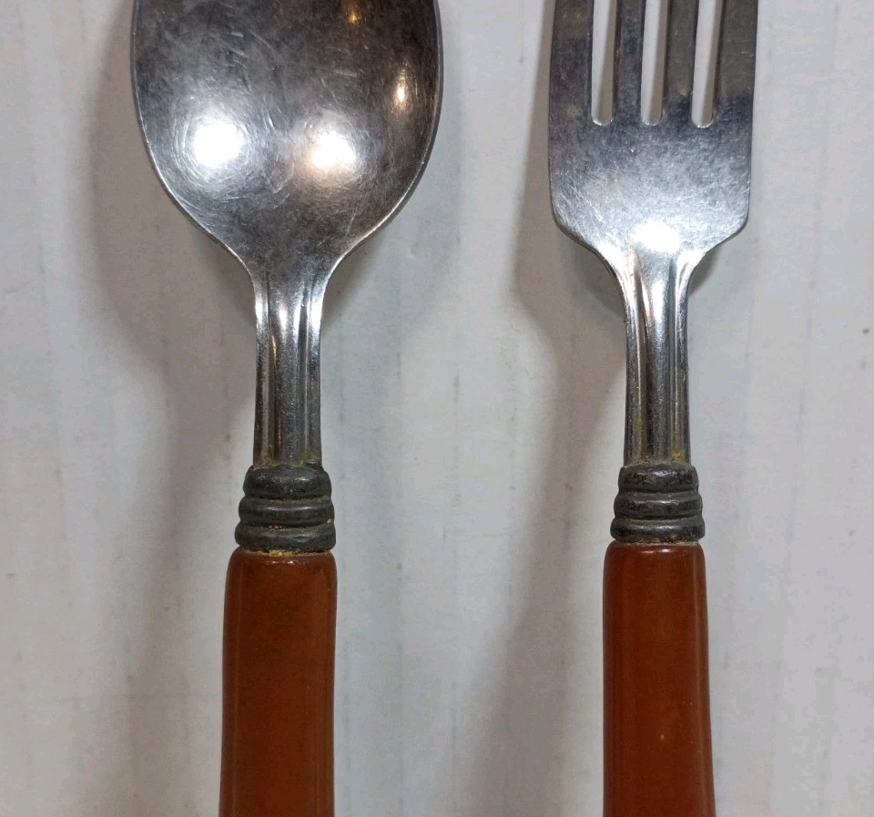 Bakelite Stainless CHILD SILVERWARE LOT Fork & Spoon Childrens Flatware Vintage