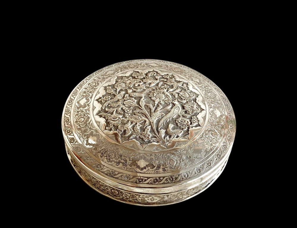 Antique Islamic Perisan Solid Silver 84 Box Engraved Galamzani Signed