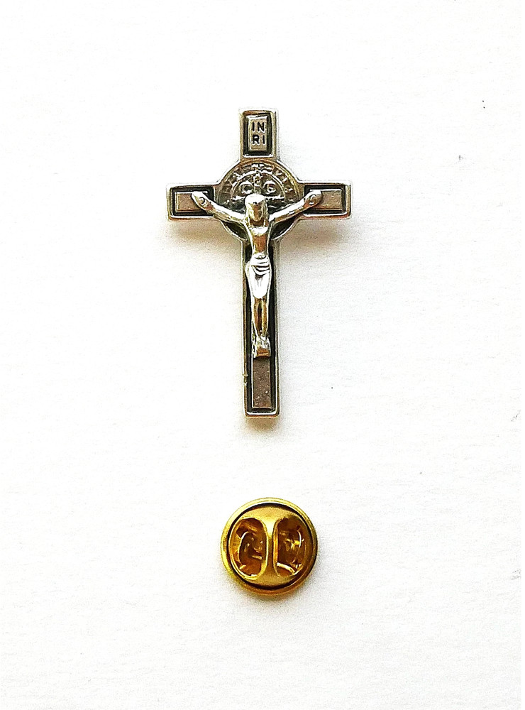 Saint Benedict Silver Tone Crucifix Lapel Pin