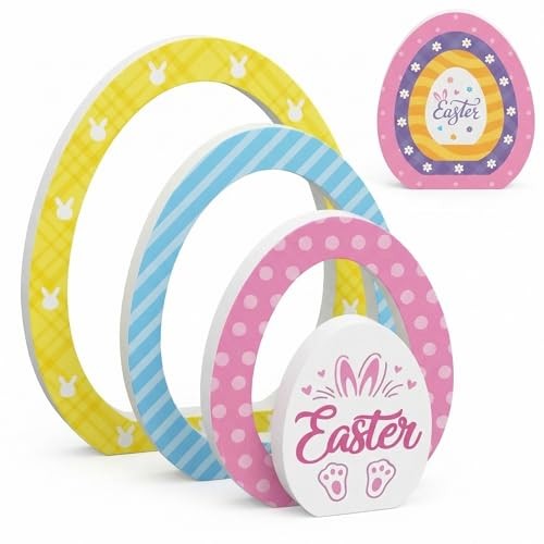 4 Pcs Egg Tabletop Decorations Wooden Signs Blocks Double-sided Spring Easter