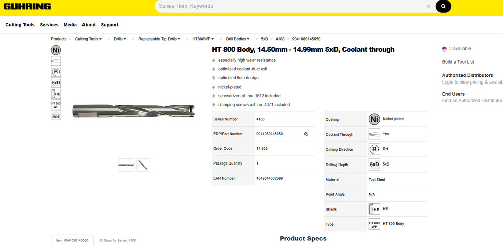 RT 800 replaceable tip drill body 4108-14,505 (14,500 - 14,999 DIAMETER RANGE)