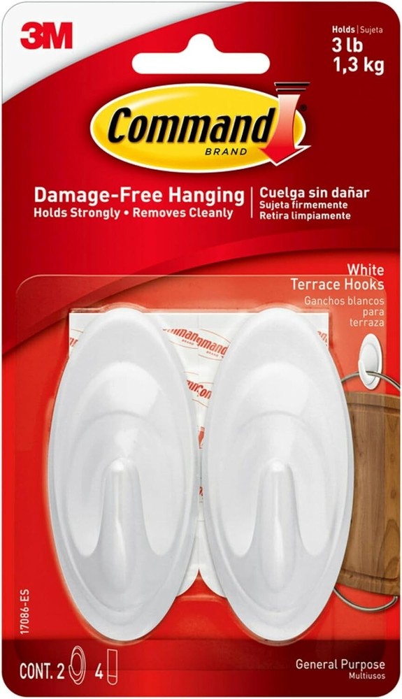 Command White Hooks, 2 Hooks with 4 strips, Holds up to 3 lb, 1 Pack
