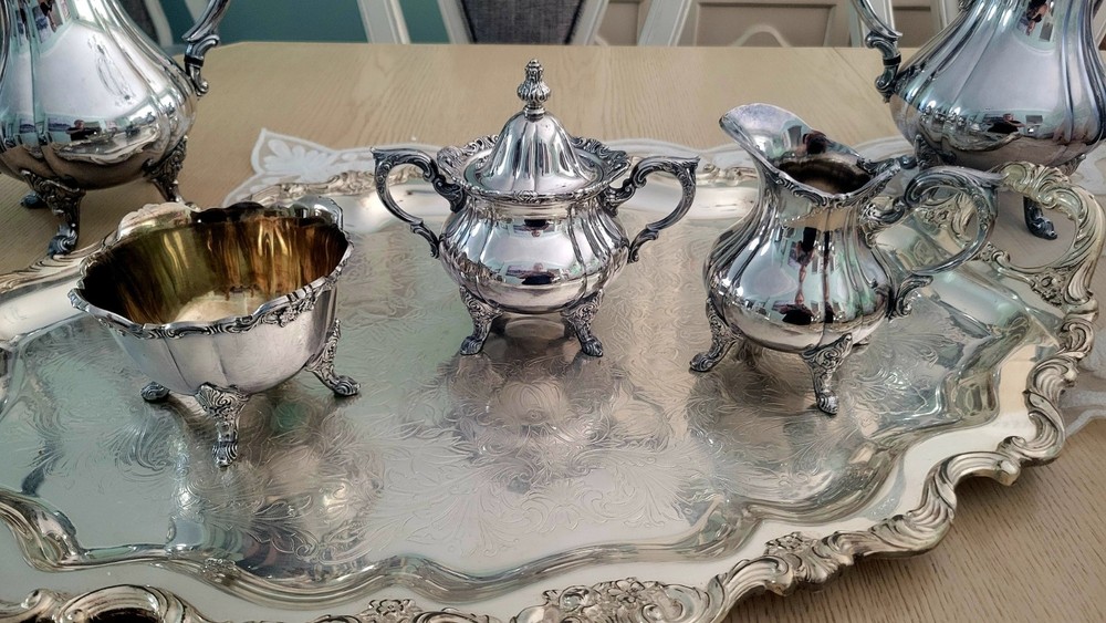 Rose Point 1200, by Wallace Silver Coffee/Teapot Silverplate Complete Set - 6 Pc