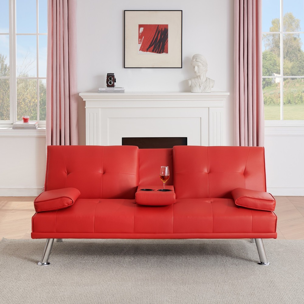 67-inch Red Leather Multifunctional Double Folding Sofa Bed with Coffee Table