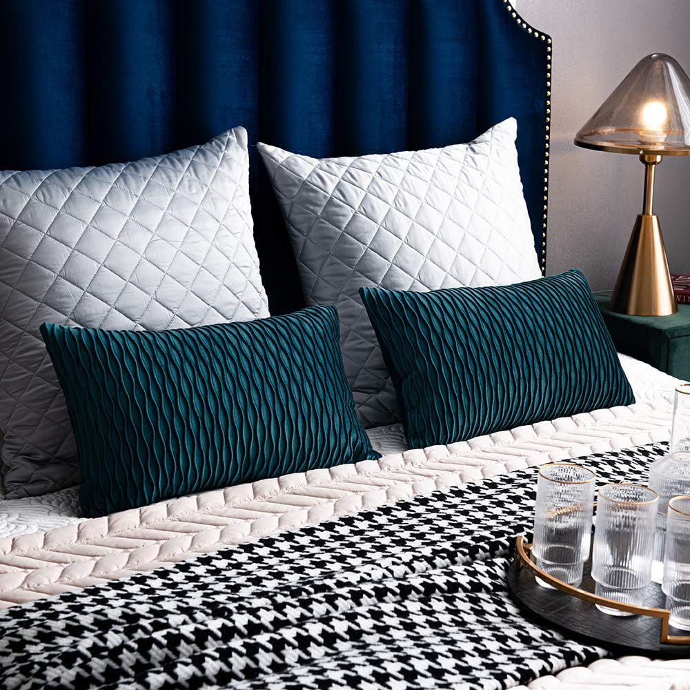 12X20 Teal Throw Pillow Cases: 2 Pack Original Striped Velvet Rectangular Decora