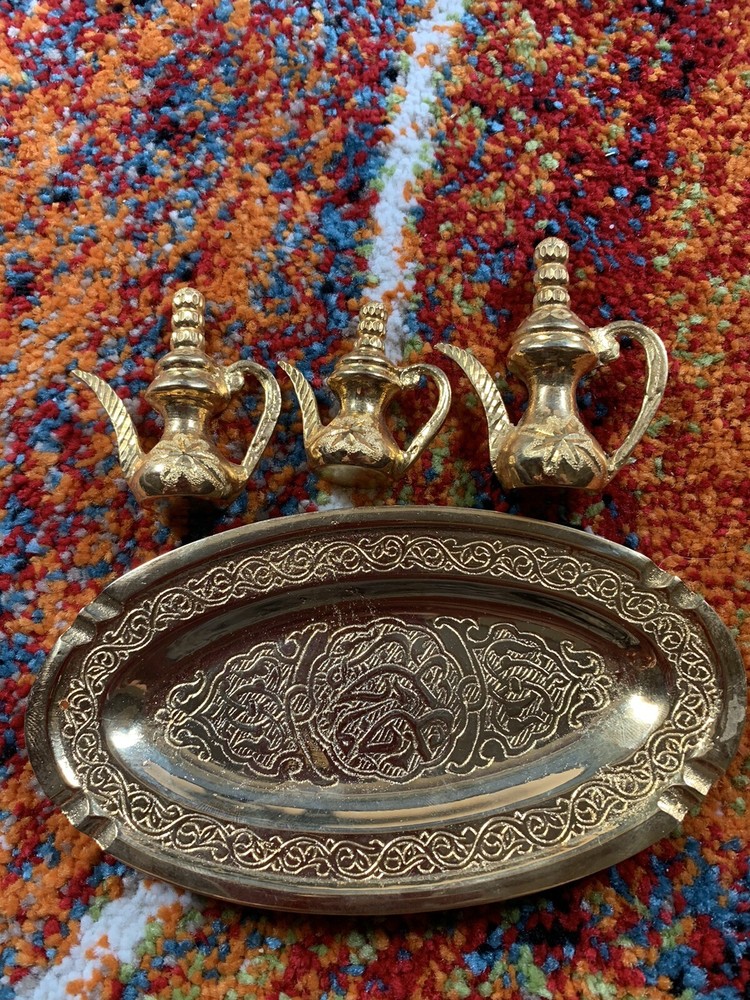 Antique Mini Brass Dalah Set 3 pitchers different sizes & decorative tray