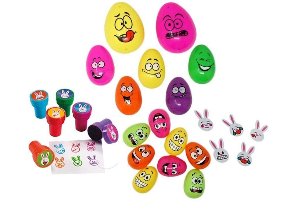 Funny Faces Plastic Egg Bundle - 15 Eggs, 6 Stamps, Bonus Stickers Easter Party