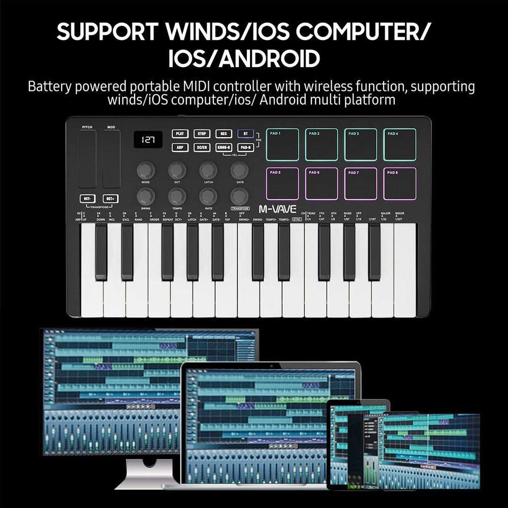 M-VAVE 25 Key USB MIDI Keyboard Controller With 8 Backlit Drum Pads,Piano Key...