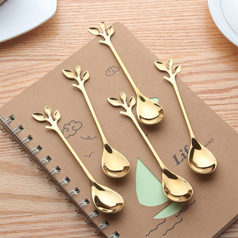5pcs Stainless Steel Spoon Branches Leaf Spoon Kitchen Tableware Cooking Gift