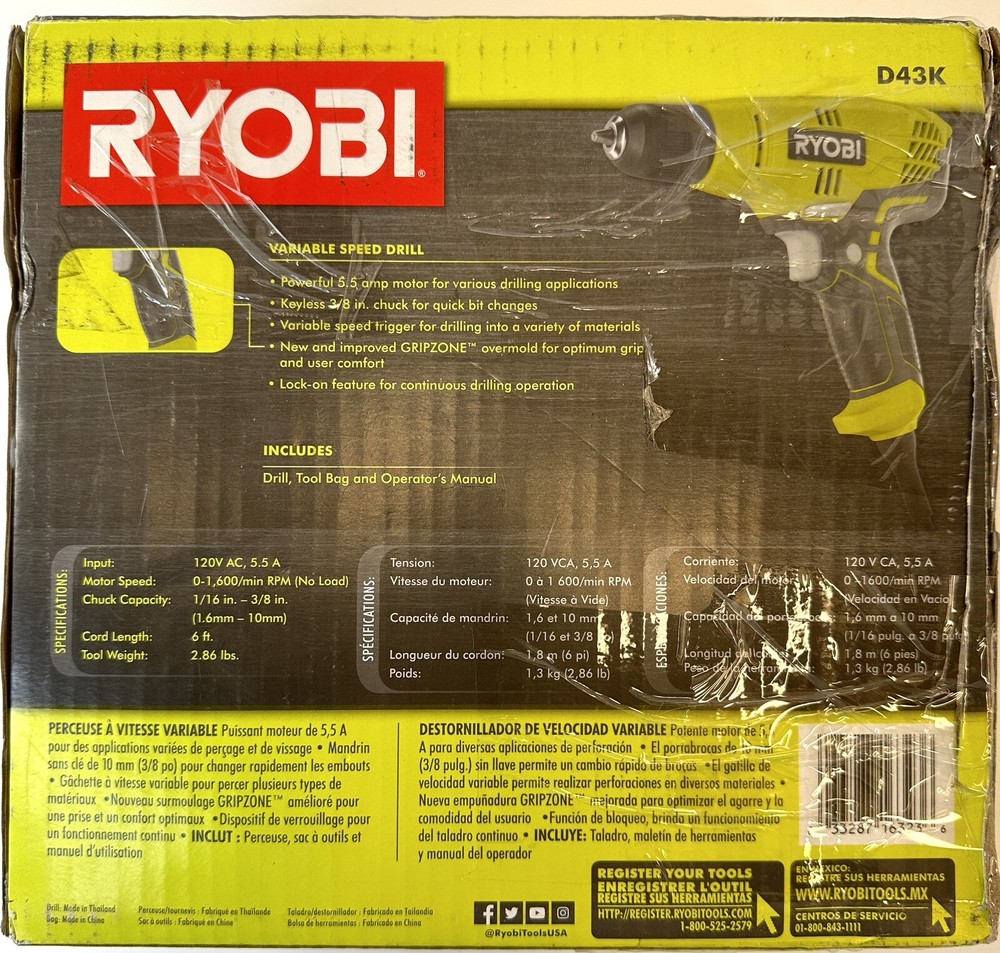 Ryobi 3/8 in Variable Speed Compact Drill Driver Corded With Bag Model D43