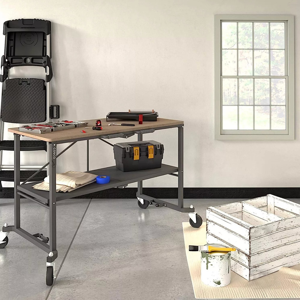 Folding Workbench Work Table w/ Wheels Bottom Shelf Storage for Workshop Garage