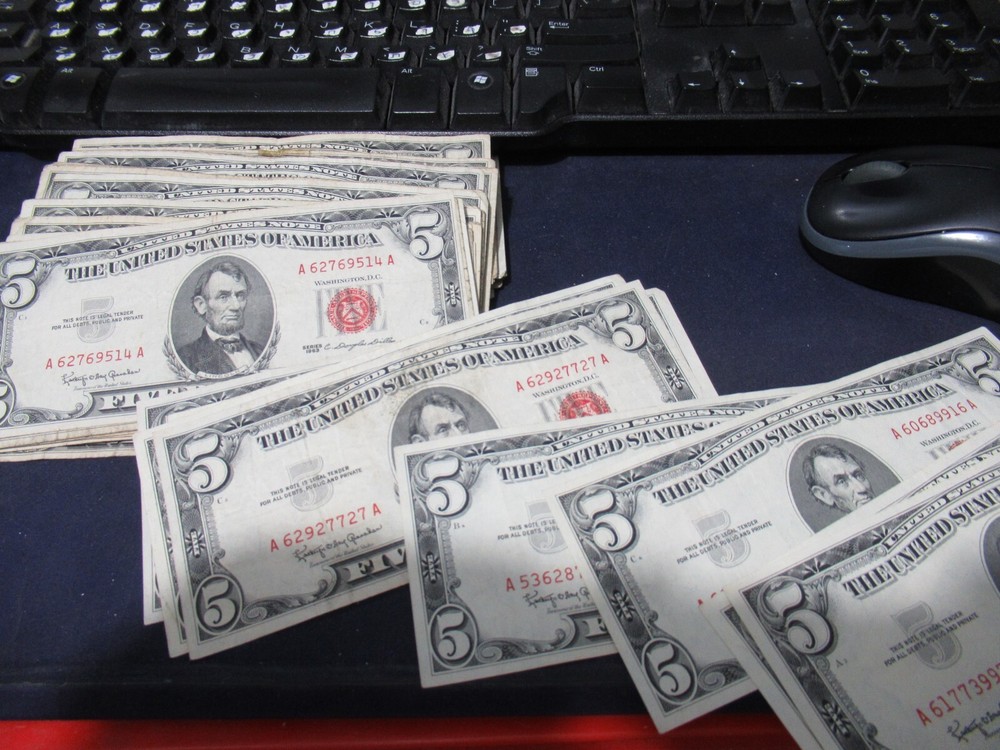 Antique 1963 Five Dollar $5 Old US Currency US Note, Red Seal