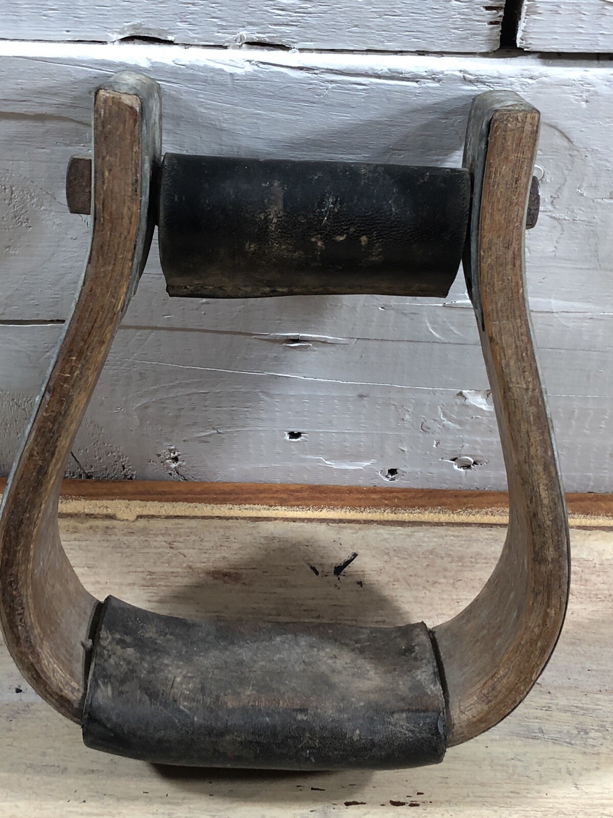 Vintage Horse Stirrup Oak W/Leather Woven Strapping Metal Tacking RUSTIC!