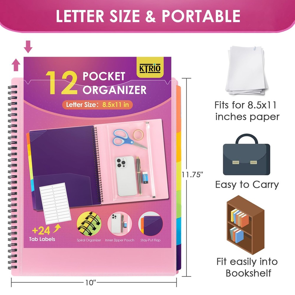 12 Pocket Poly Project Organizer, Spiral Binder Organizer Multi Pocket Folder...