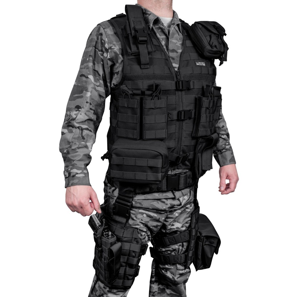 Barska Loaded Gear Black Tactical Vest Adjustable MOLLE + Leg Platform Holster