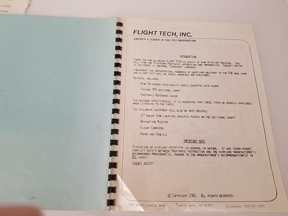 Vintage Flight Tech Pilot Exam Preptape Course. 1982