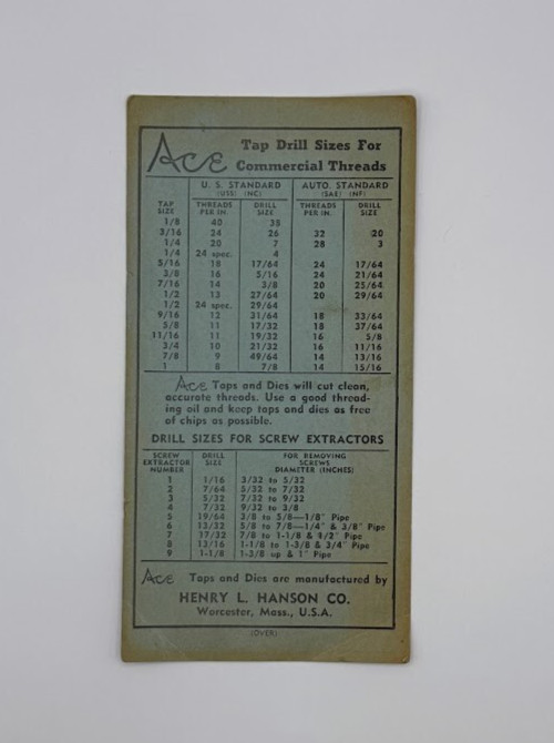 Ace Tap drill size reference chart Henry L Hanson Worcester MA tool die pipe